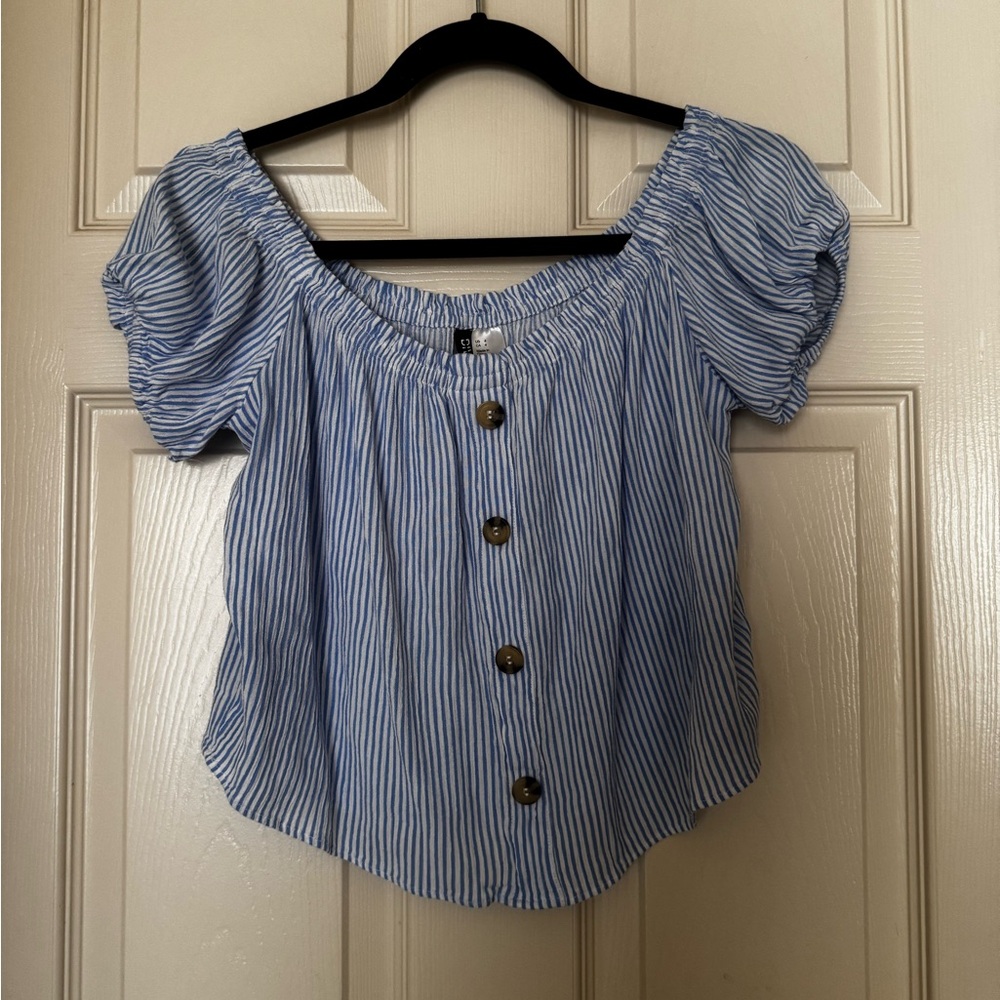 H&M Blue and White Striped Off-Shoulder Blouse